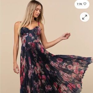 Lulu's Navy Pleated Midi Dress with Pink Floral Print